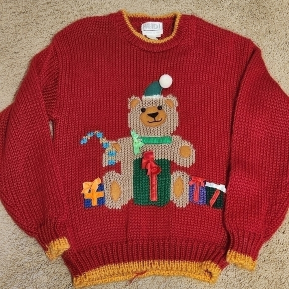 Heidi Hand Knitted Vtg M Christmas Bear Sweater Super Chunky Knit Ugly Cute